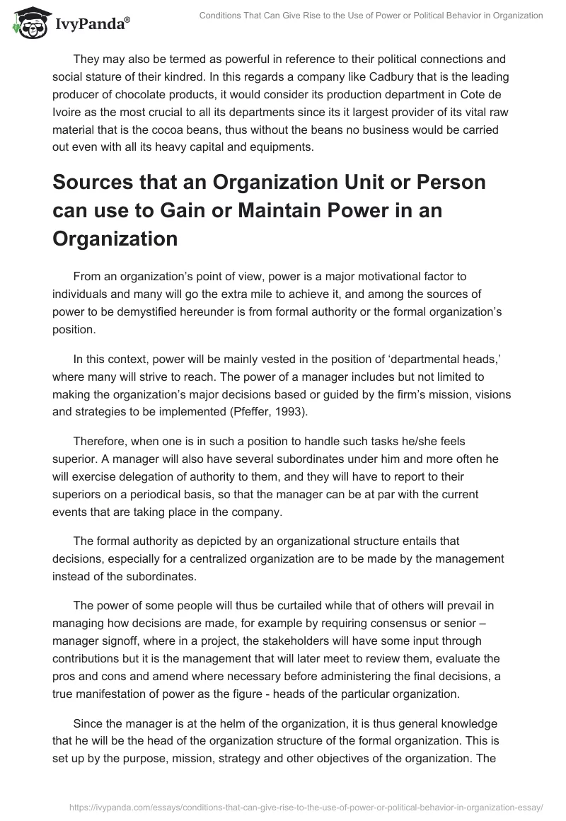 Conditions That Can Give Rise to the Use of Power or Political Behavior in Organization. Page 3