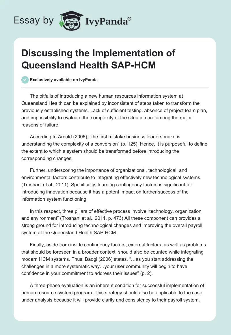 Discussing the Implementation of Queensland Health SAP-HCM. Page 1