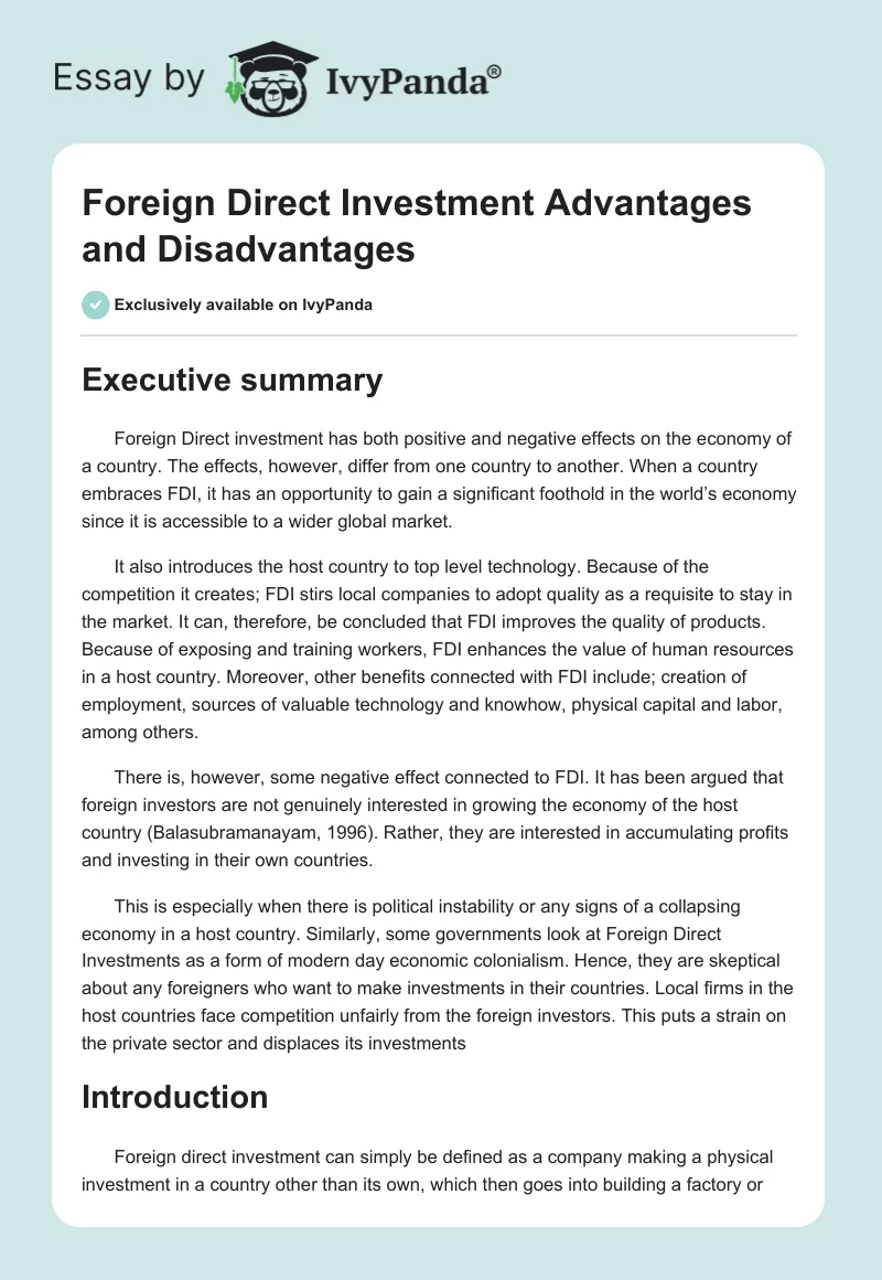 Foreign Direct Investment Advantages and Disadvantages. Page 1