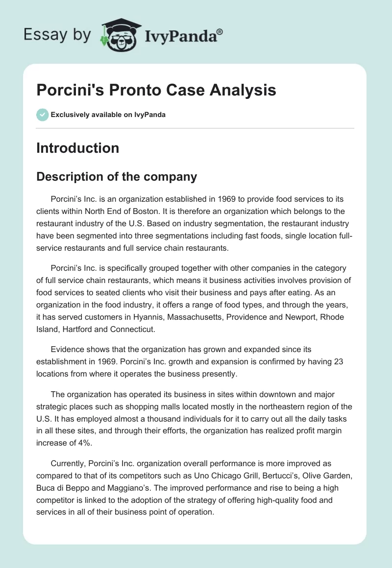 Porcini's Pronto Case Analysis. Page 1