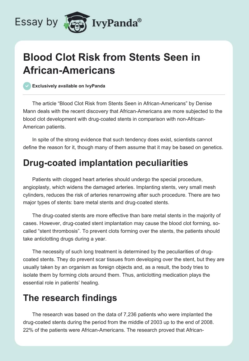 Blood Clot Risk from Stents Seen in African-Americans. Page 1