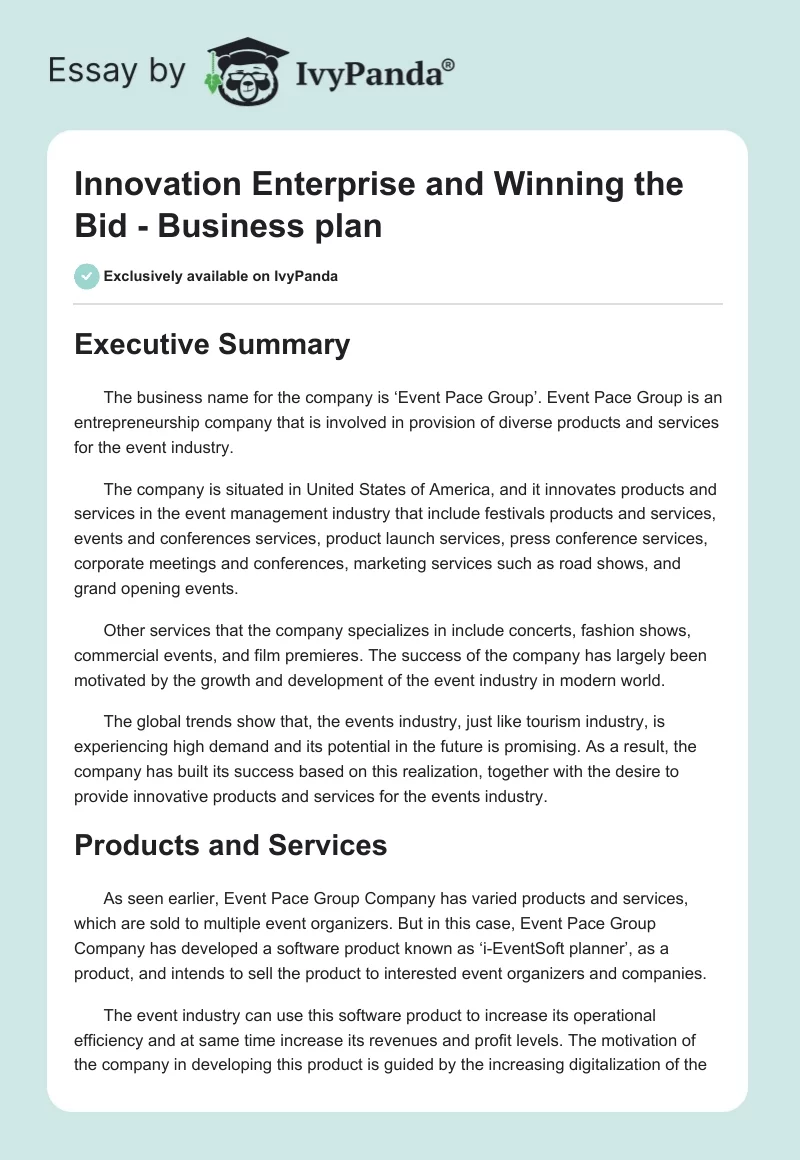 Innovation Enterprise and Winning the Bid - Business Plan. Page 1
