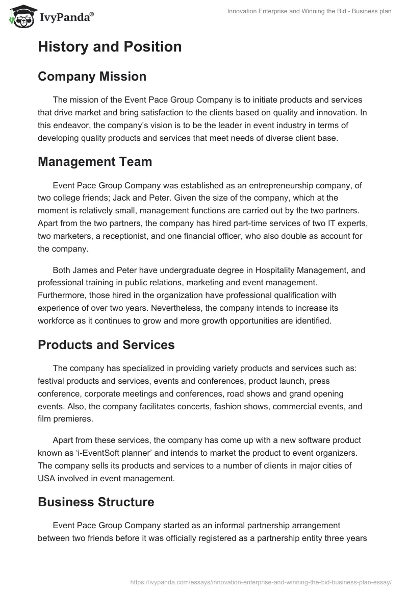 Innovation Enterprise and Winning the Bid - Business Plan. Page 3