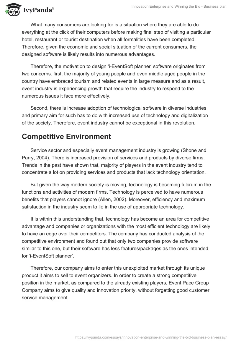 Innovation Enterprise and Winning the Bid - Business Plan. Page 5