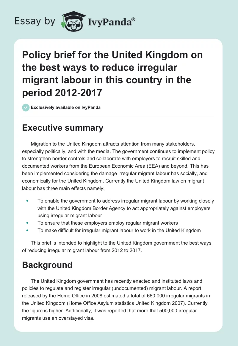 Policy brief for the United Kingdom on the best ways to reduce irregular migrant labour in this country in the period 2012-2017. Page 1