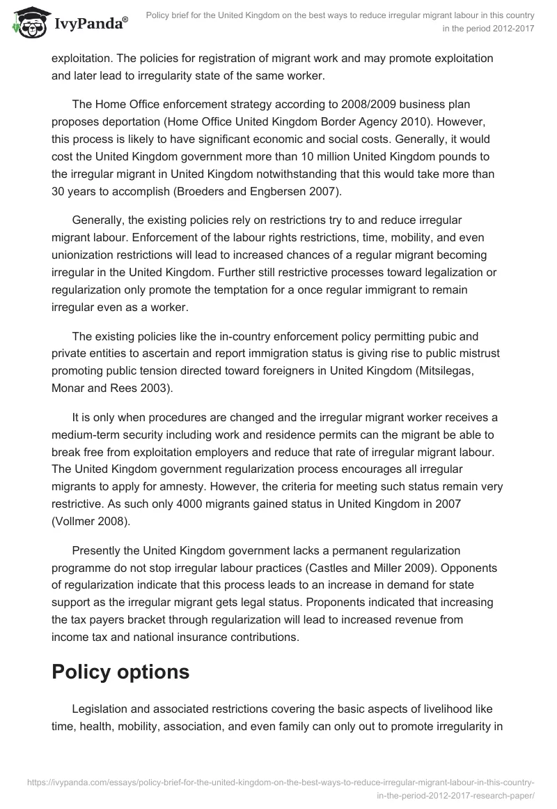 Policy brief for the United Kingdom on the best ways to reduce irregular migrant labour in this country in the period 2012-2017. Page 3