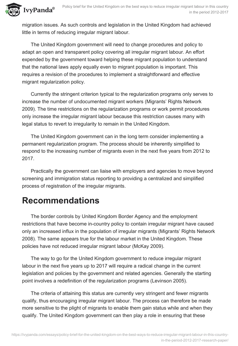 Policy brief for the United Kingdom on the best ways to reduce irregular migrant labour in this country in the period 2012-2017. Page 4