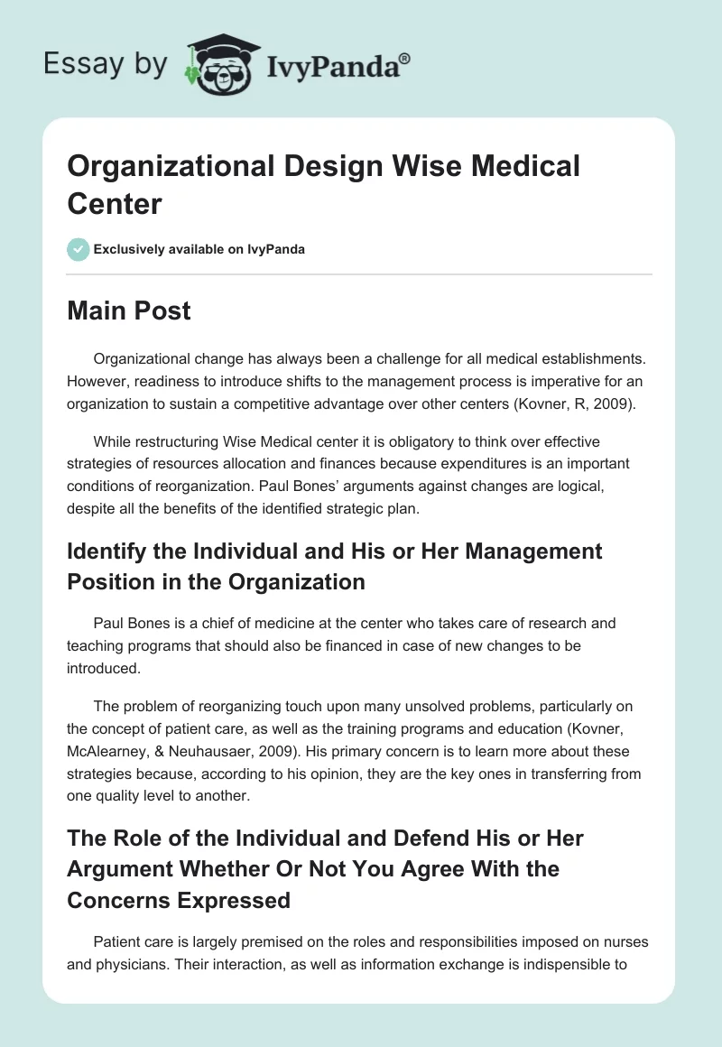 Organizational Design Wise Medical Center. Page 1