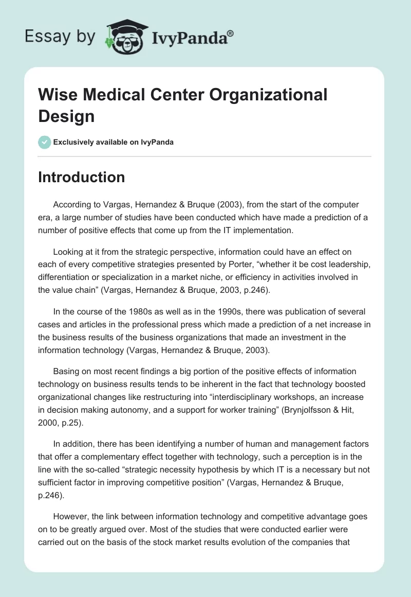 Wise Medical Center Organizational Design. Page 1