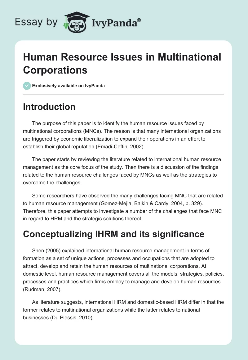 Human Resource Issues in Multinational Corporations. Page 1