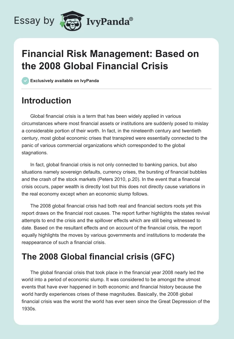 Financial Risk Management: Based on the 2008 Global Financial Crisis. Page 1