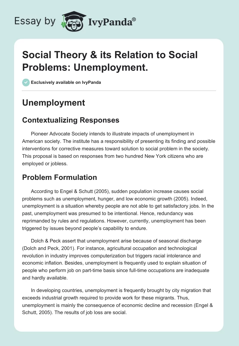 Social Theory & its Relation to Social Problems: Unemployment.. Page 1