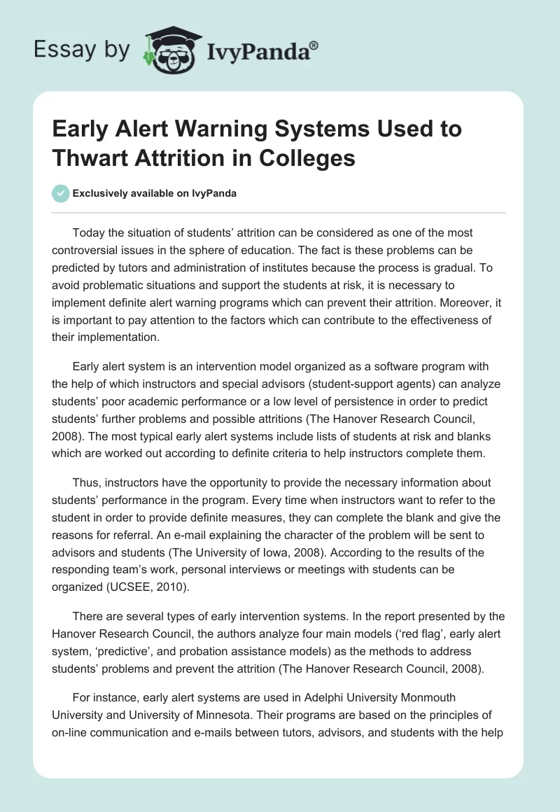 Early Alert Warning Systems Used to Thwart Attrition in Colleges. Page 1