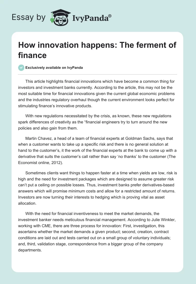 How innovation happens: The ferment of finance. Page 1