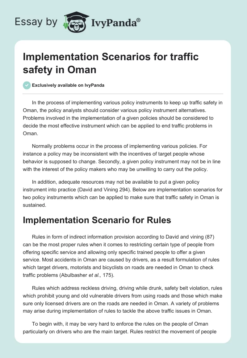 Implementation Scenarios for traffic safety in Oman. Page 1