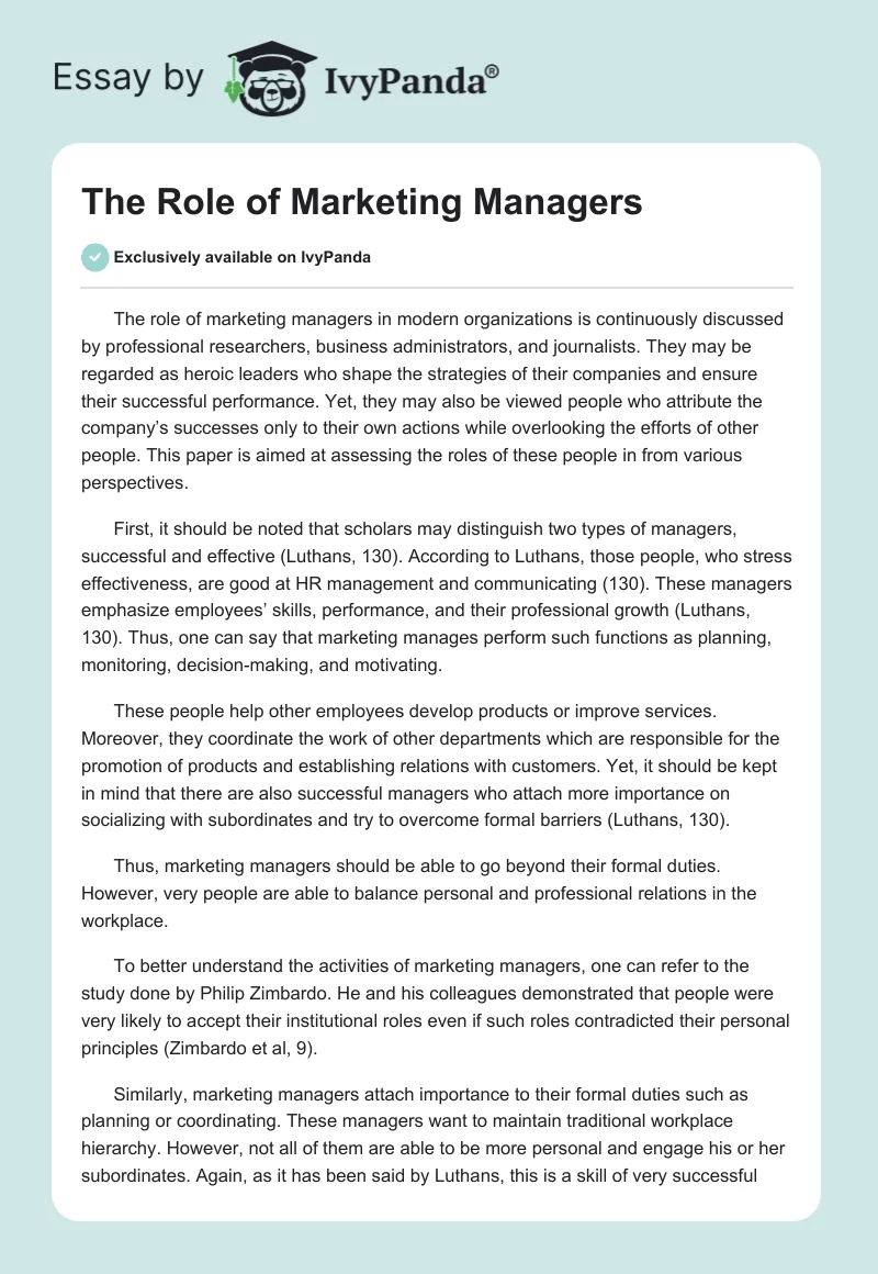 The Role of Marketing Managers. Page 1
