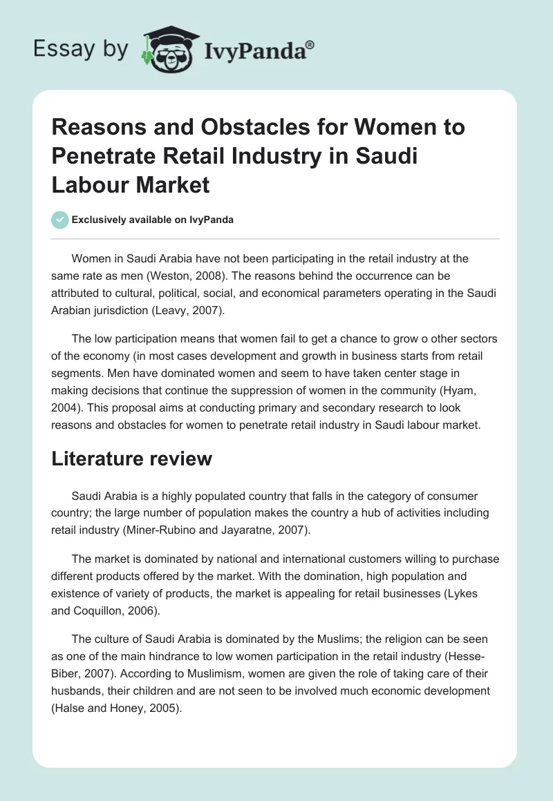 Reasons and Obstacles for Women to Penetrate Retail Industry in Saudi Labour Market. Page 1