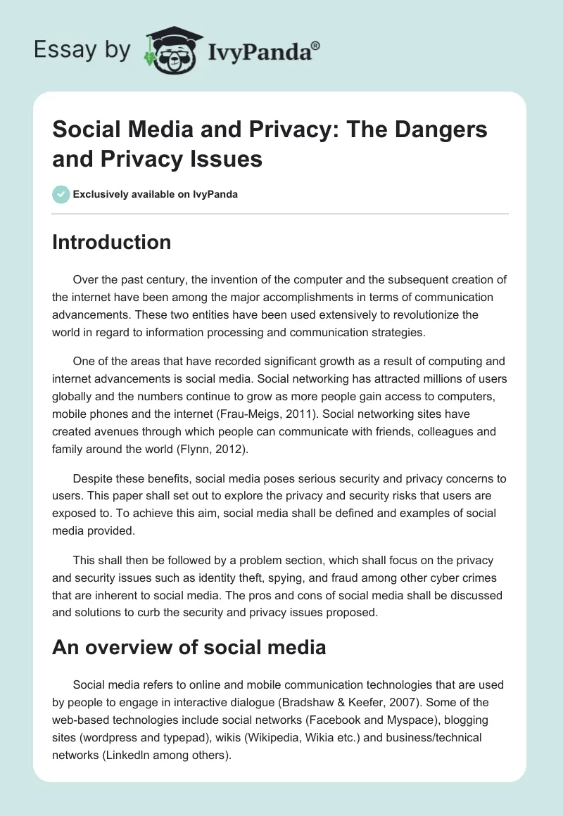 Social Media and Privacy: The Dangers and Privacy Issues. Page 1