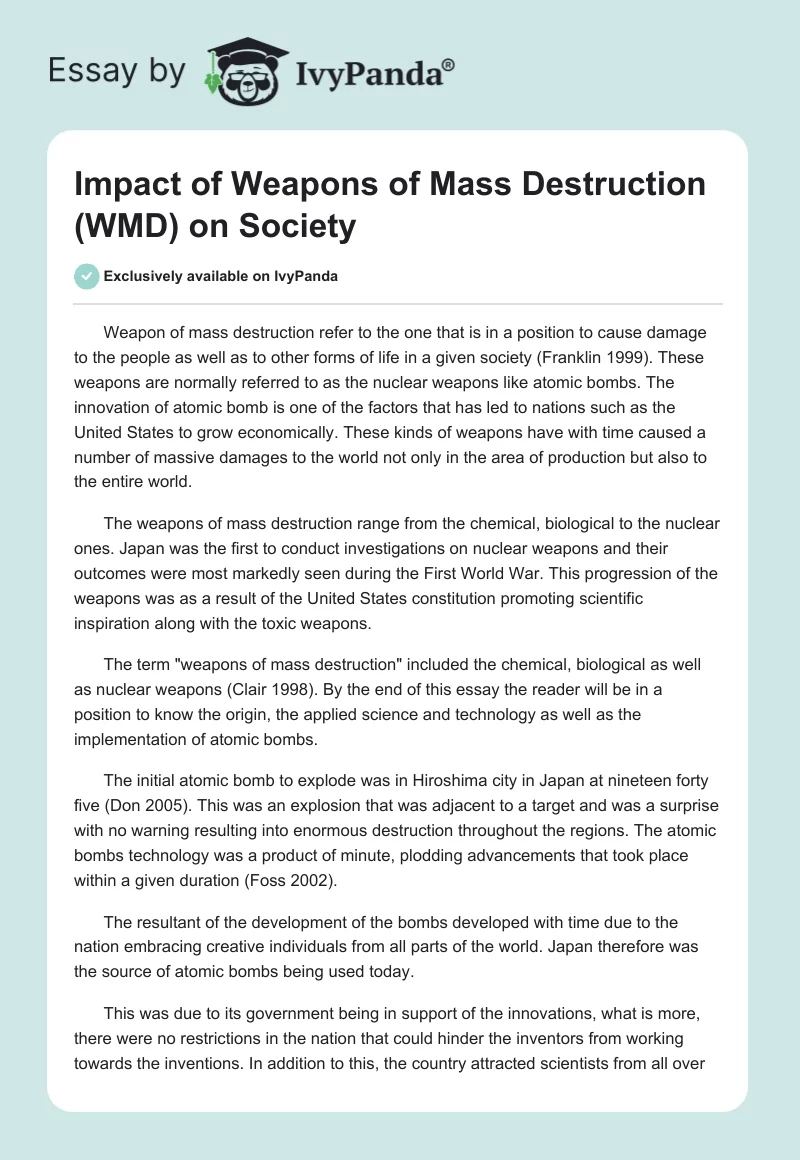 Impact of Weapons of Mass Destruction (WMD) on Society. Page 1