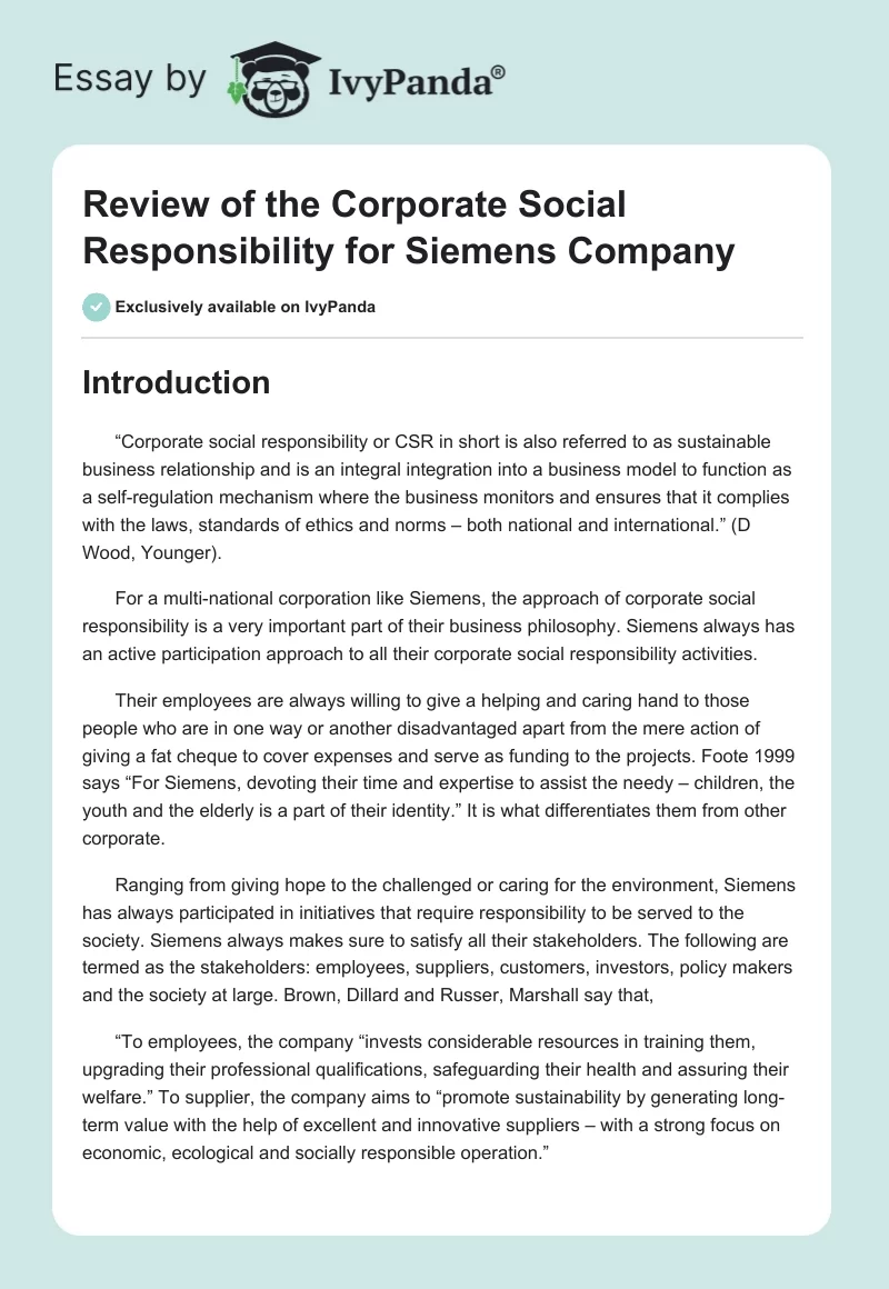 Review of the Corporate Social Responsibility for Siemens Company. Page 1
