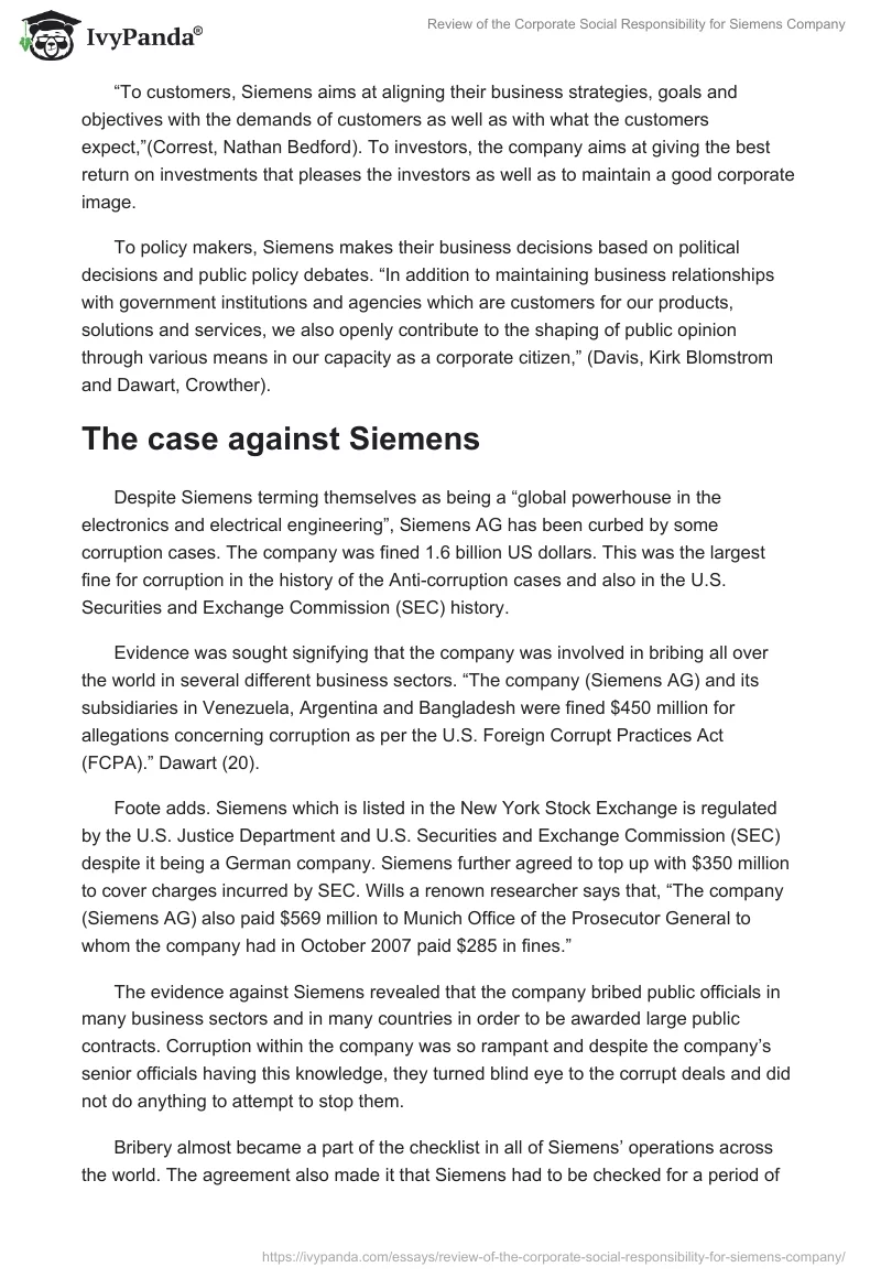 Review of the Corporate Social Responsibility for Siemens Company. Page 2