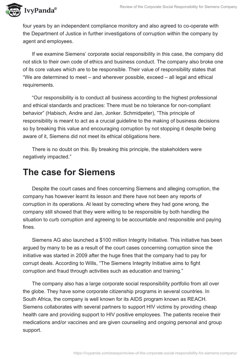 Review of the Corporate Social Responsibility for Siemens Company. Page 3