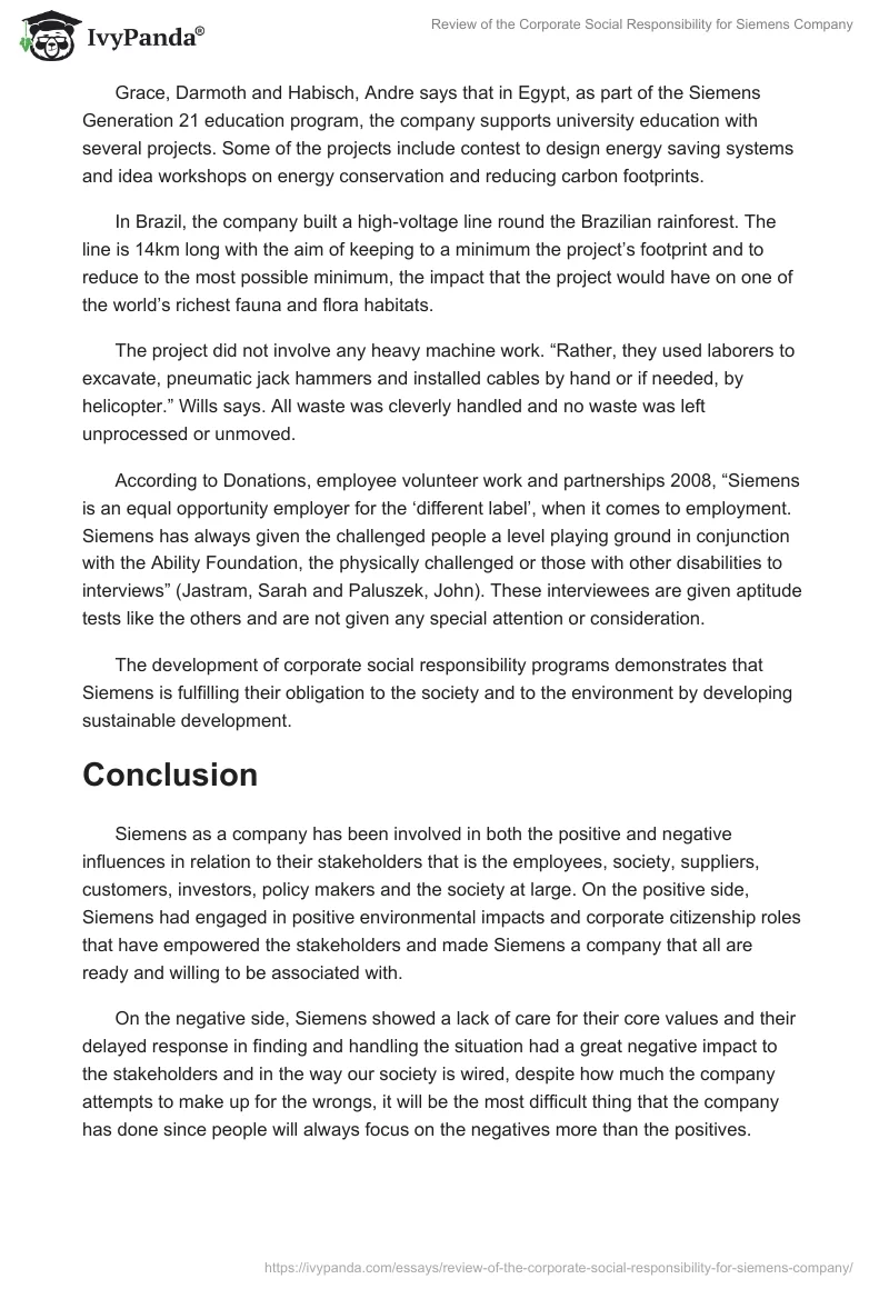 Review of the Corporate Social Responsibility for Siemens Company. Page 4