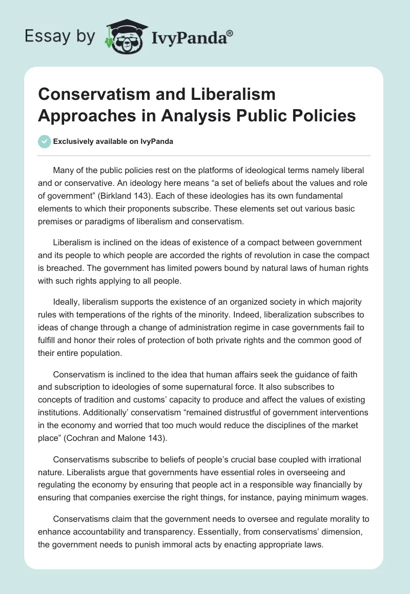 Conservatism and Liberalism Approaches in Analysis Public Policies. Page 1