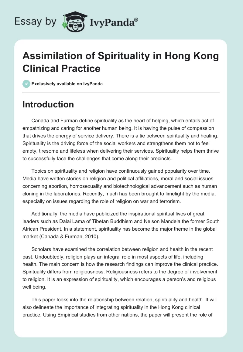 Assimilation of Spirituality in Hong Kong Clinical Practice. Page 1