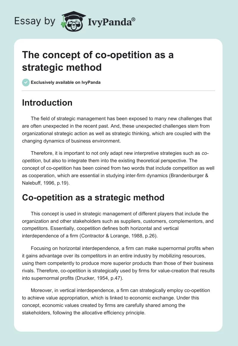 The concept of co-opetition as a strategic method. Page 1