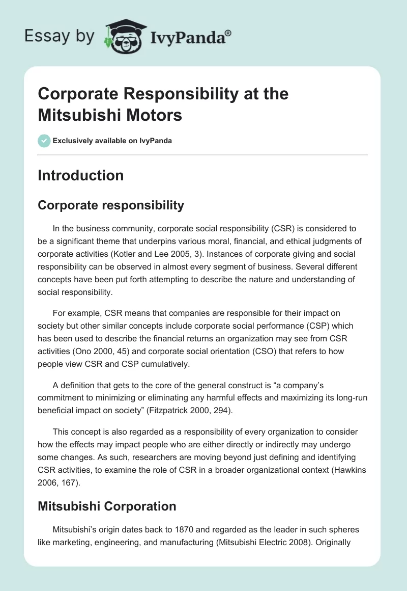 Corporate Responsibility at the Mitsubishi Motors. Page 1