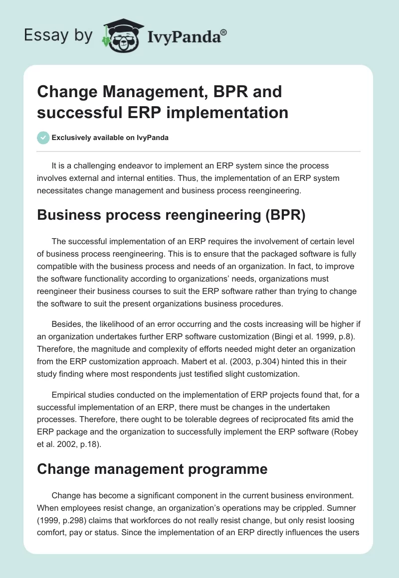 Change Management, BPR and successful ERP implementation. Page 1