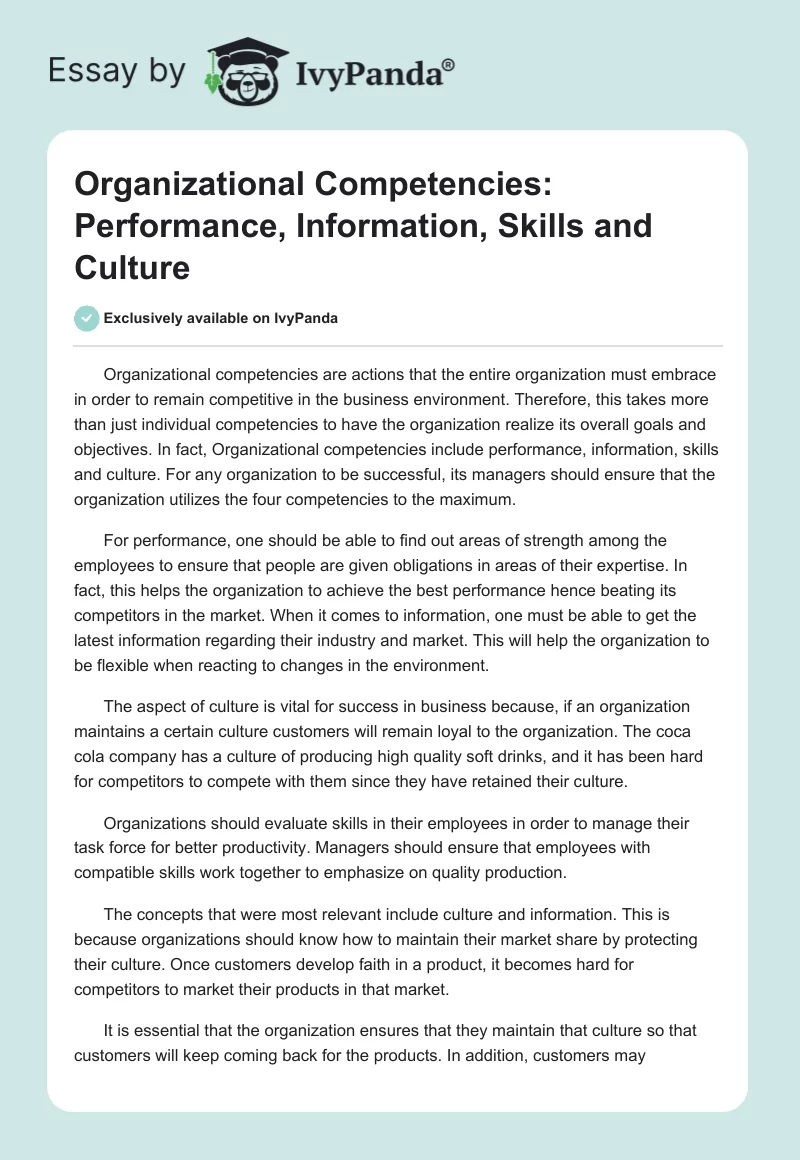 Organizational Competencies: Performance, Information, Skills and Culture. Page 1