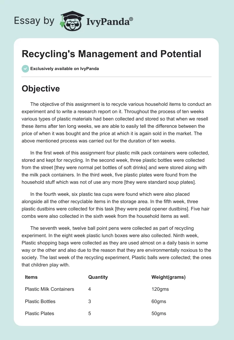 Recycling's Management and Potential. Page 1