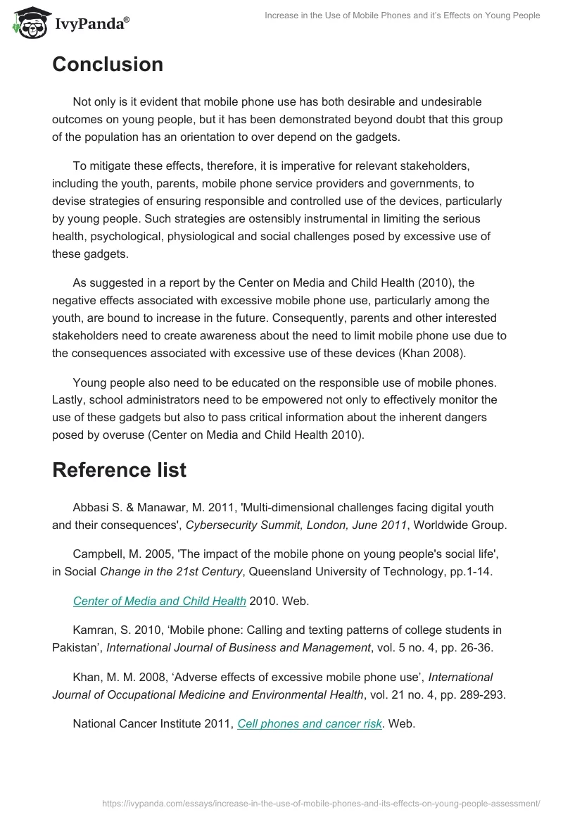 Increase in the Use of Mobile Phones and it’s Effects on Young People. Page 5