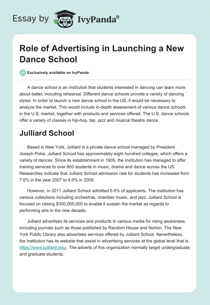 Role of Advertising in Launching a New Dance School. Page 1