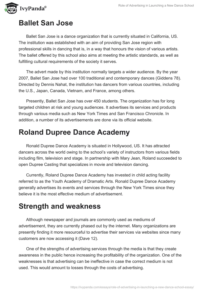 Role of Advertising in Launching a New Dance School. Page 2