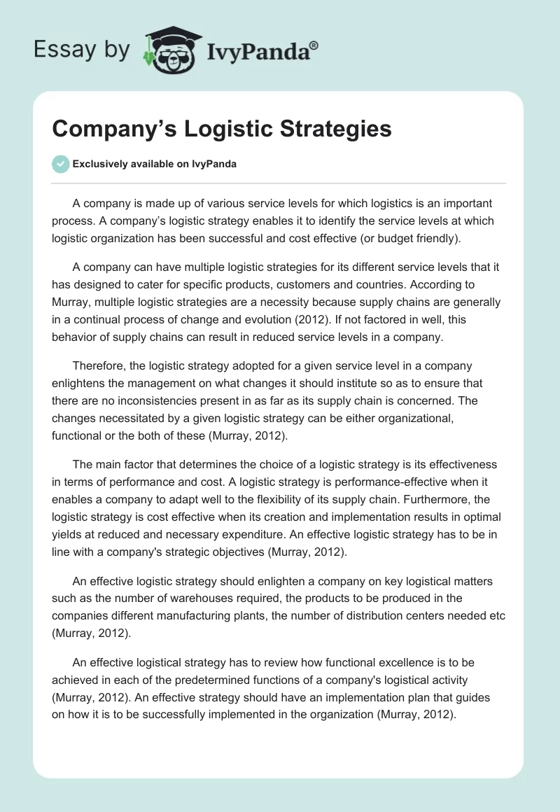 Company’s Logistic Strategies. Page 1