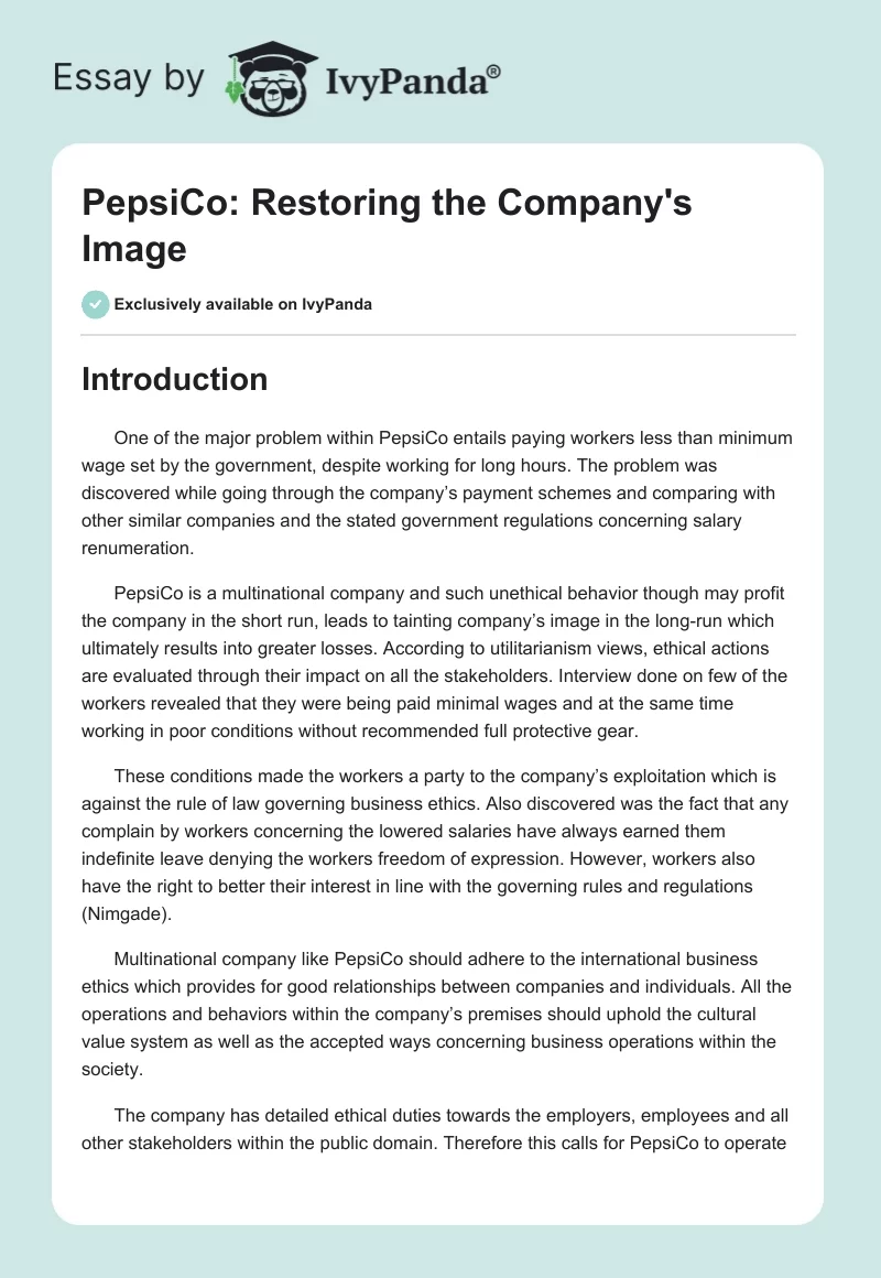 PepsiCo: Restoring the Company's Image. Page 1