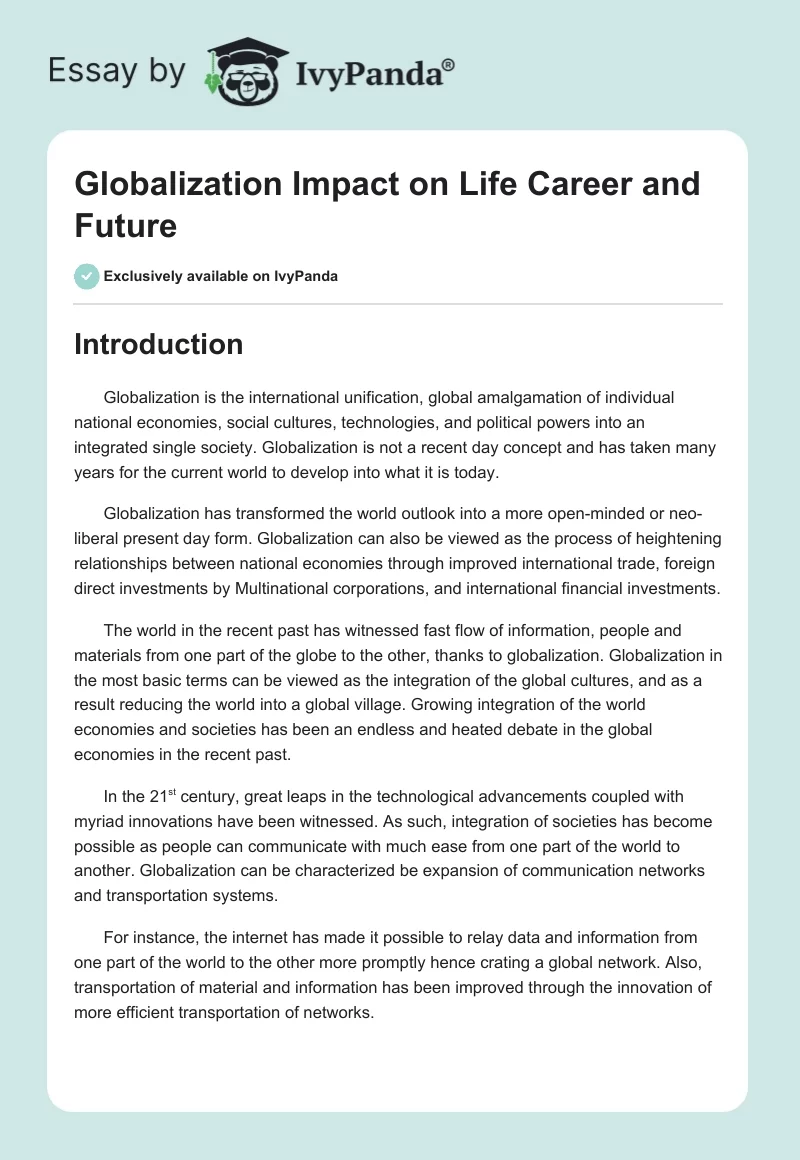 Globalization Impact on Life Career and Future. Page 1