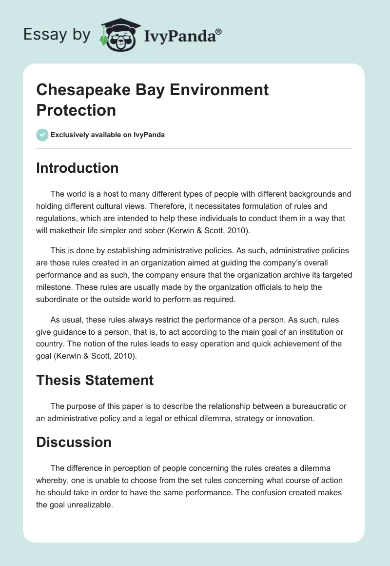 Chesapeake Bay Environment Protection. Page 1