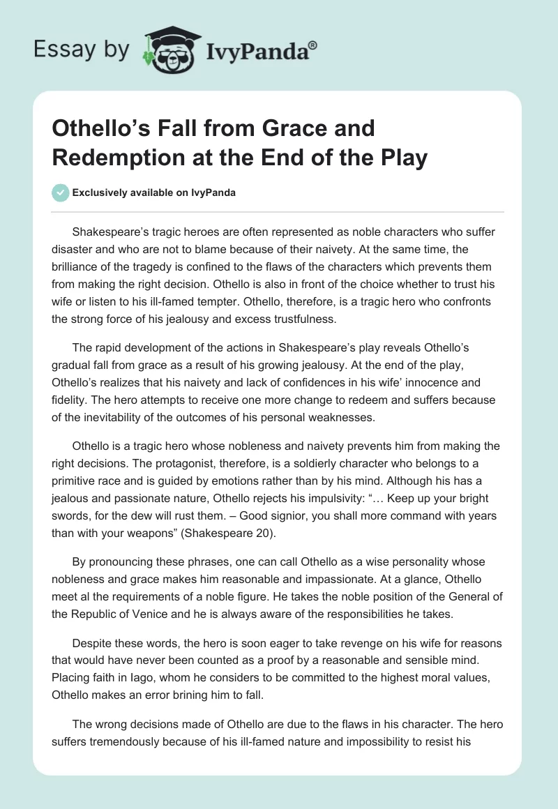 Othello’s Fall From Grace and Redemption at the End of the Play. Page 1
