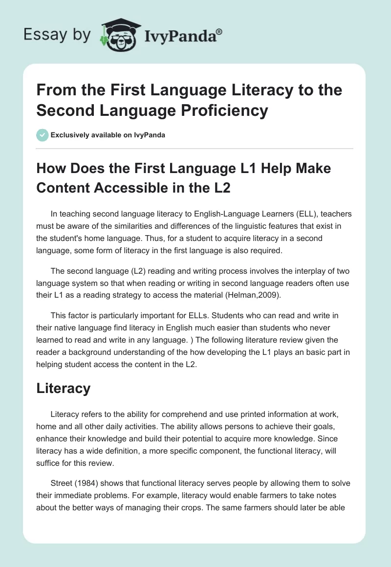 From the First Language Literacy to the Second Language Proficiency. Page 1