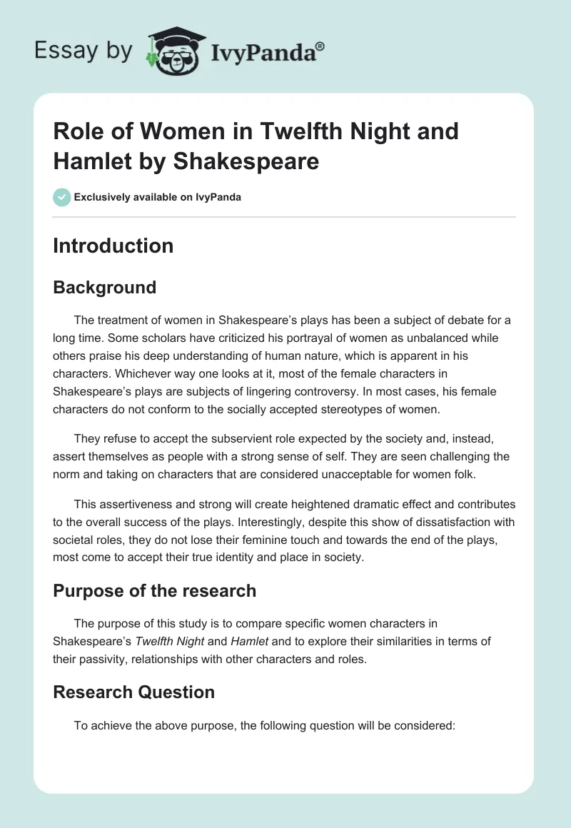 Role of Women in Twelfth Night and Hamlet by Shakespeare. Page 1