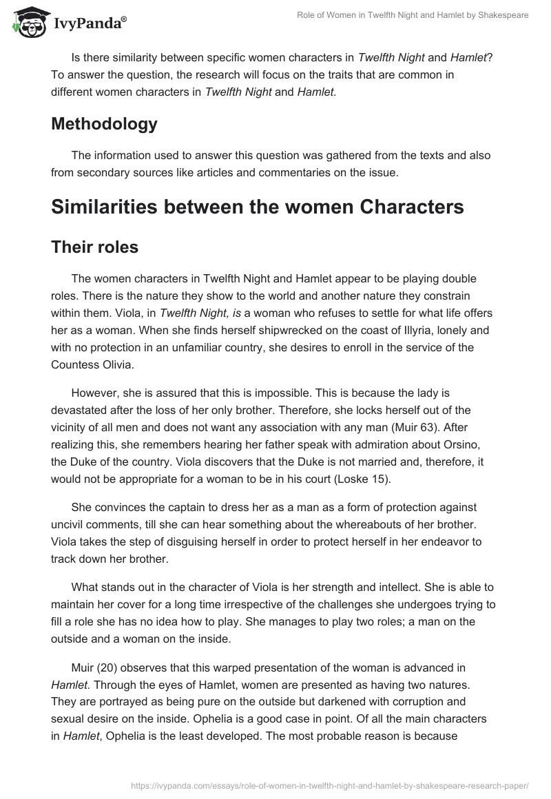 Role of Women in Twelfth Night and Hamlet by Shakespeare. Page 2
