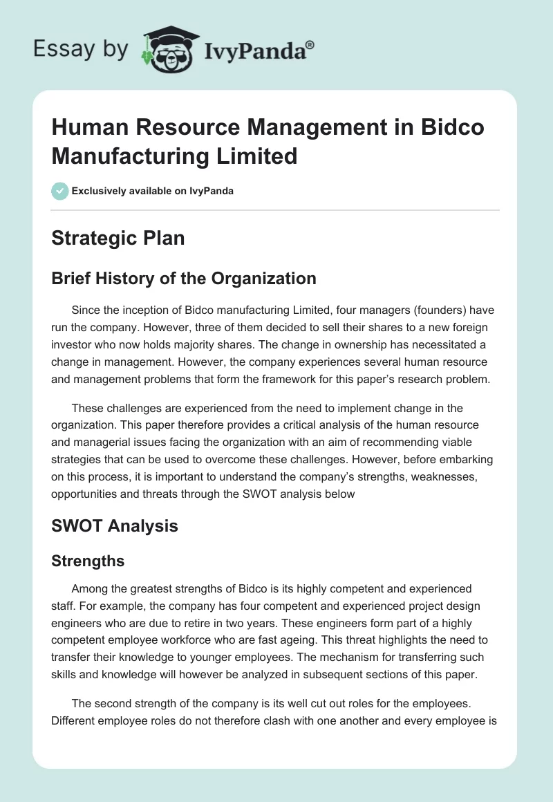 Human Resource Management in Bidco Manufacturing Limited. Page 1