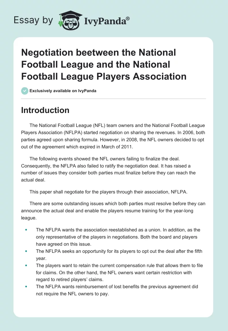 Negotiation Beetween the National Football League and the National Football League Players Association. Page 1