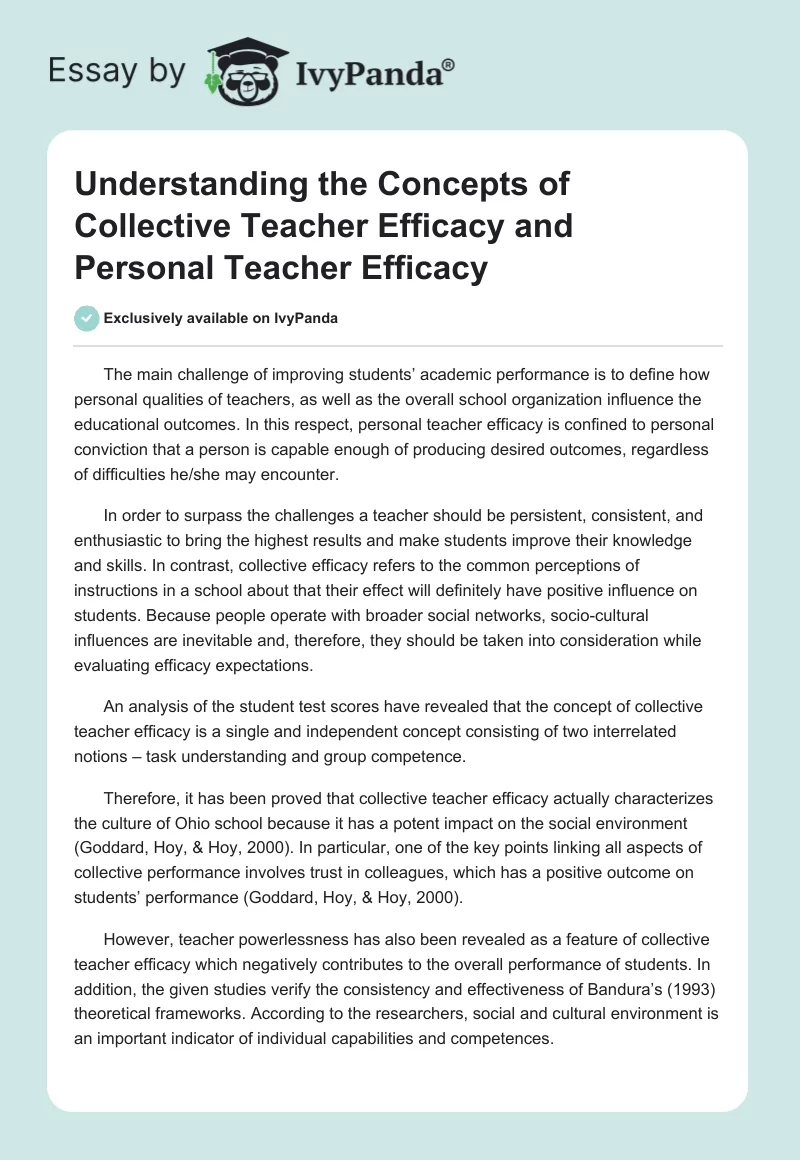 Understanding the Concepts of Collective Teacher Efficacy and Personal Teacher Efficacy. Page 1