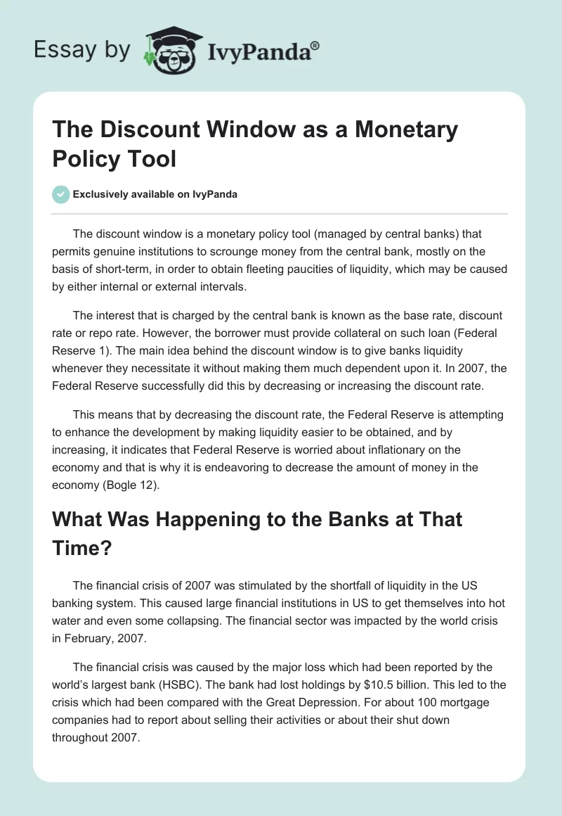 The Discount Window as a Monetary Policy Tool . Page 1