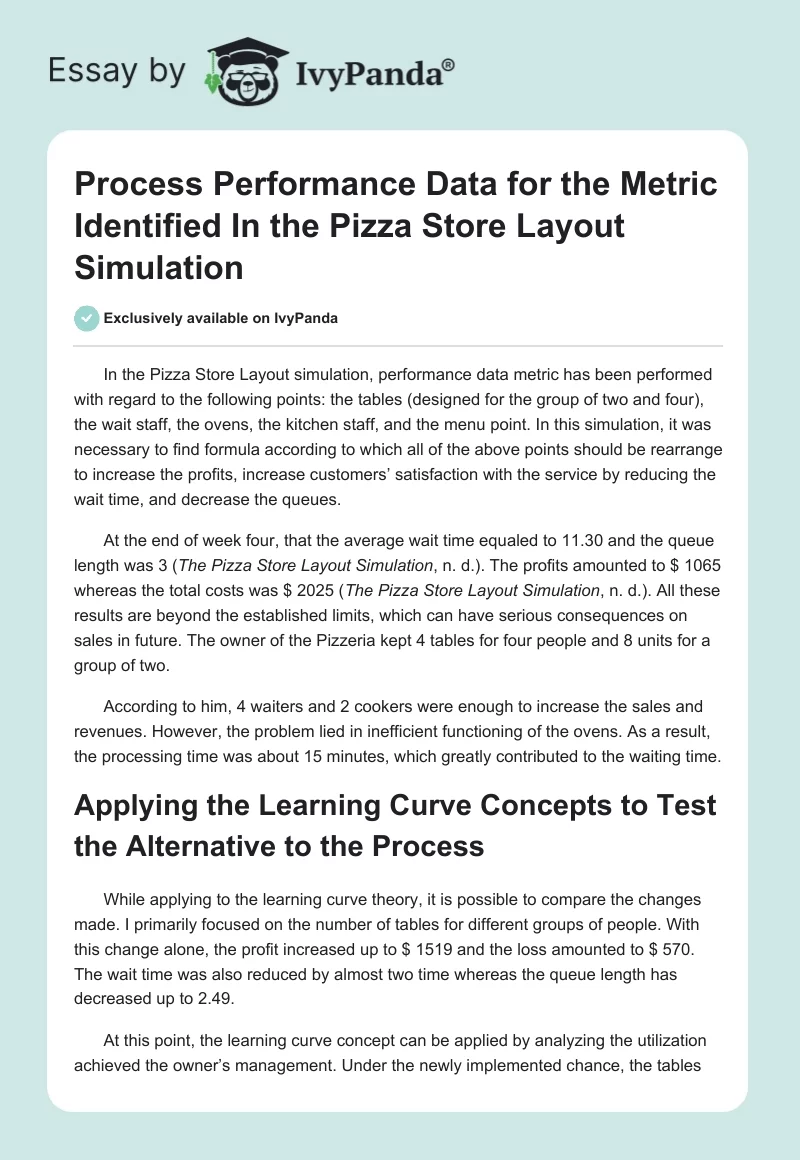 Process Performance Data for the Metric Identified In the Pizza Store Layout Simulation. Page 1